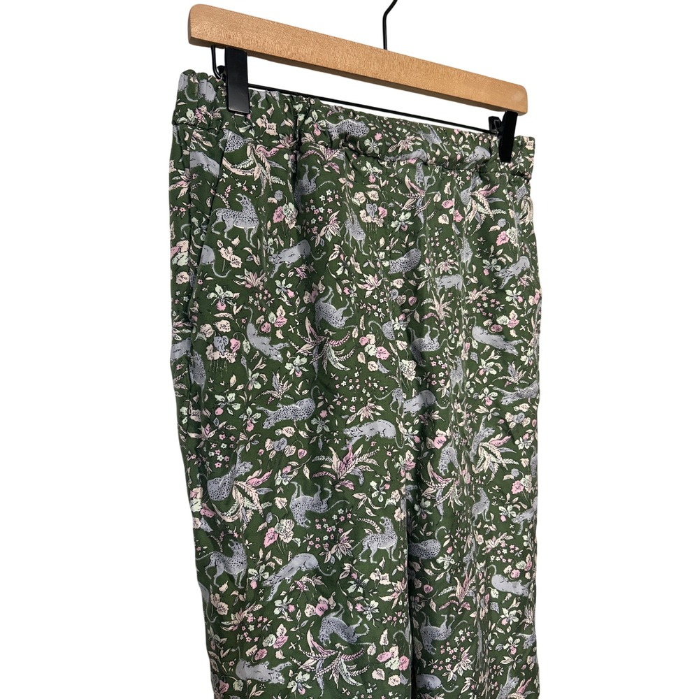 J. Crew Collection Silk Cropped‎ Elastic Waist Pants Green Animal Floral Size 8